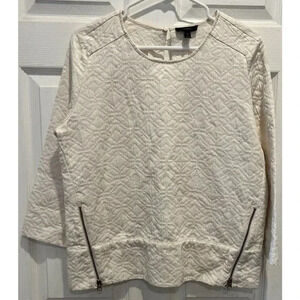 J. Crew‎ Size 6 Cream Textured Matelasse Boxy Brocade 3/4 Sleeve Zip Top Blouse
